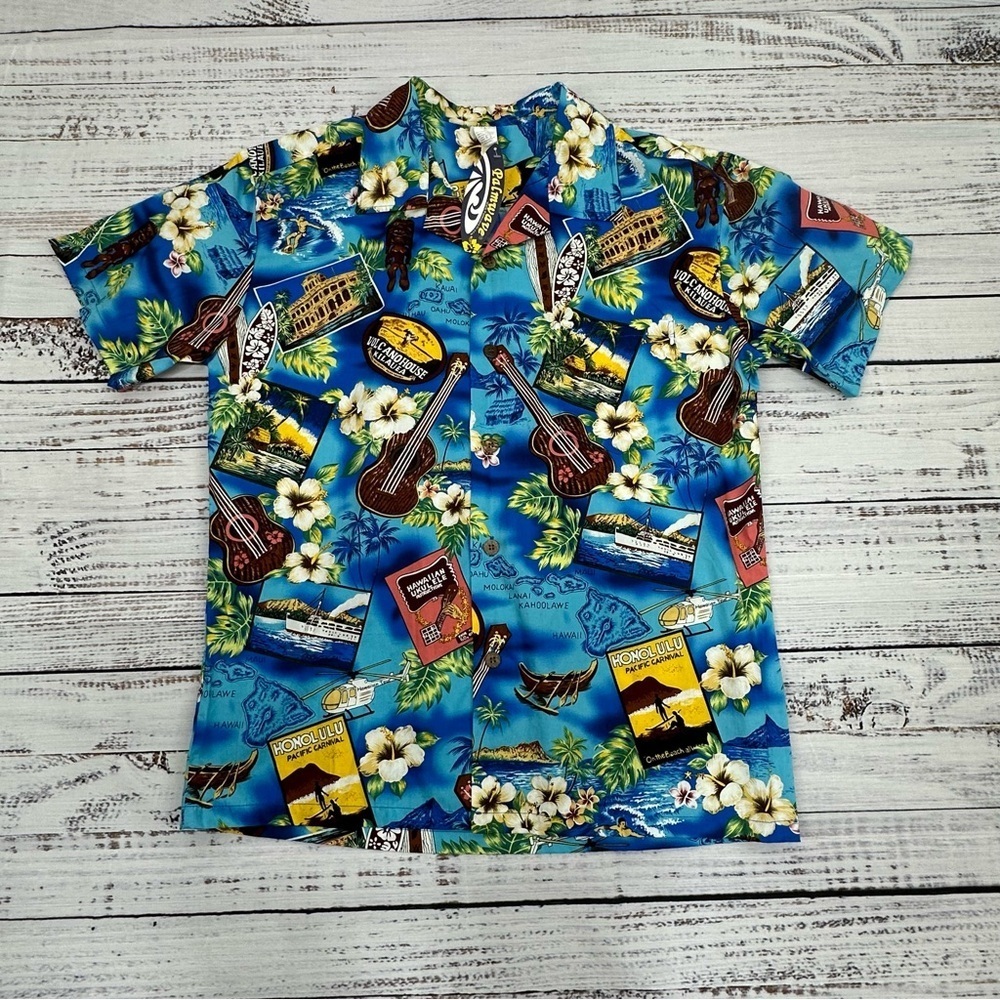 Palmwave Men’s size Aloha Blue Hawaiian Print Button Down Shirt NEW